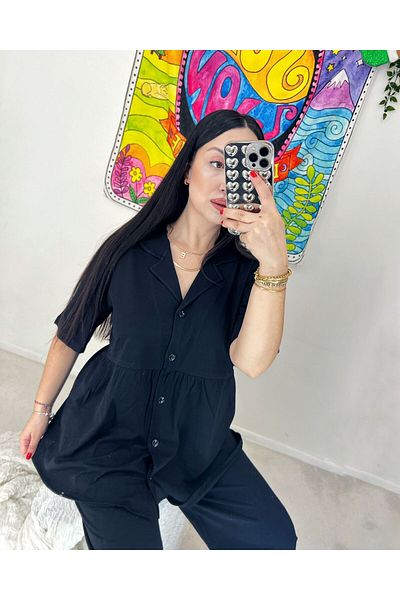 ByGamzeArman Solid Black Color Combed Cotton Fabric Short Sleeve Wide Mold Maternity Lohusa Pajamas Set