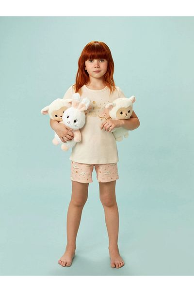LC Waikiki Lcw Kids Ecru Crew Neck Girls' Sleepwear Set with Shorts