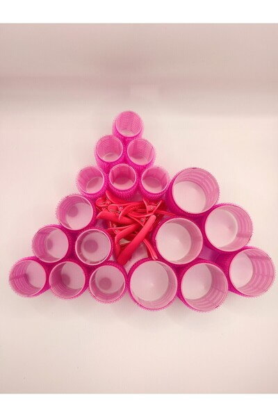 Piraye Shop Σετ μπούκλες φουσκωτές τρίχες 18 τεμαχίων με αυτοκόλλητο και αυτοκόλλητο κούμπωμα επιπλέον μανταλάκια σε φούξια χρώμα