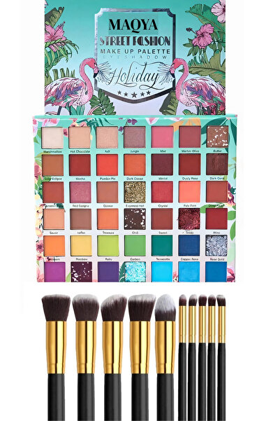 MAQYA KOZMETİK Sıcak Ve Işıltılı Ton 42'li Far Paleti Siyah Saplı 10'lu Makyaj Fırça Seti 2 İN1