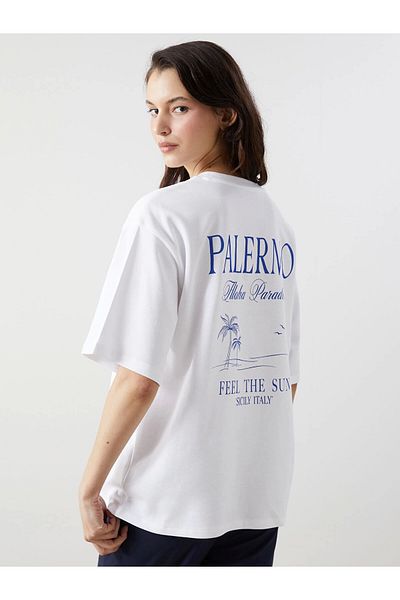 LC Waikiki Γυναικείο μπλουζάκι LCW Vision White Crew Neck Palermo με στάμπα Oversize