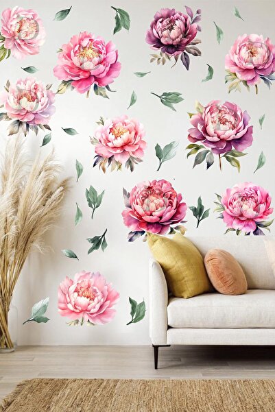 KT Decor Pink Purple Peony Flowers Premium Wall Sticker Set