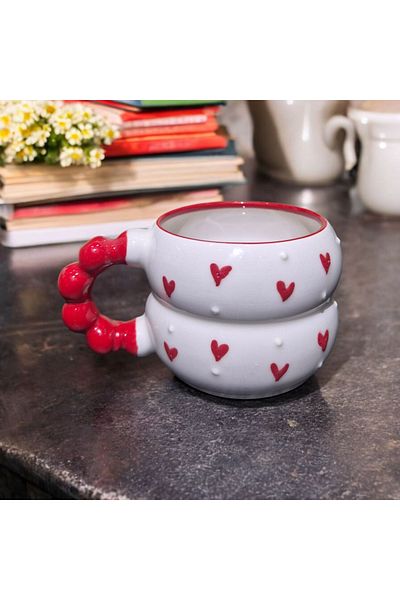 İZart Bead Handle Double Pointed Heart Patterned Special Embossed Hand Embroidered Ceramic Mug