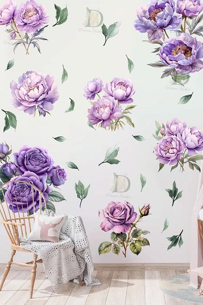 KT Decor Purple Peony Flowers Premium Wall Sticker Set