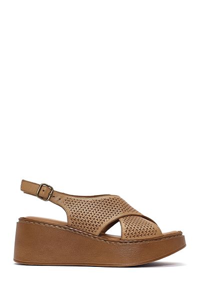 Derimod Women's Tan Ankle Strap Printed Wedge Heeled Leather Comfort Sandals 25Sfd342126