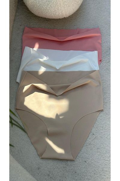 BERBUR STORE 3L Laser Cut High Waist Panties Bikini White Beige Powder
