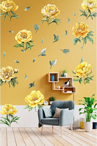 KT Decor Yellow Peony Flowers Premium Wall Sticker Set