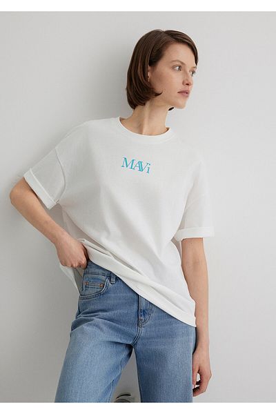 Mavi Emblémával nyomtatott fehér póló Oversize / széles szabású 1611593-70057