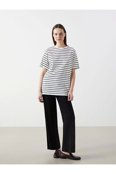 LC Waikiki Tricou negru XSIDE pentru damă, cu decolteu, în dungi