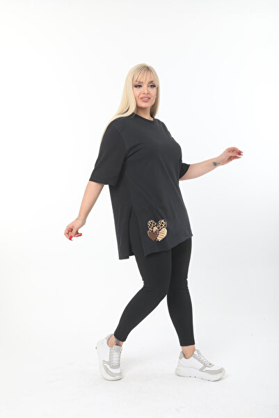 Ciao Kalp baskılı siyah pamuk oversize tişört