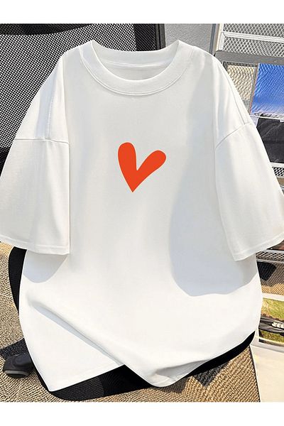 Massgai Unisex Orange Heart Heart Printed Oversize 100% Cotton T-Shirt