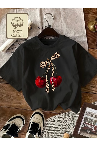 Massgai Tricou oversize unisex din bumbac 100% cu imprimeu leopard cu panglic...