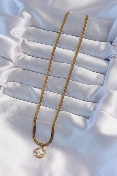 Skygo 316L Steel Italian Chain Gold Color Zircon Stone Pearlescent Clover Model Necklace - Tj-Bko8987