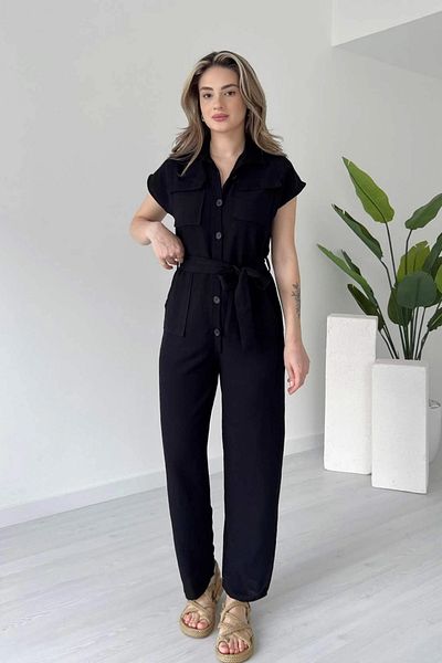 MOZENA Buttoned Pocketed Belted Linen Jumpsuit