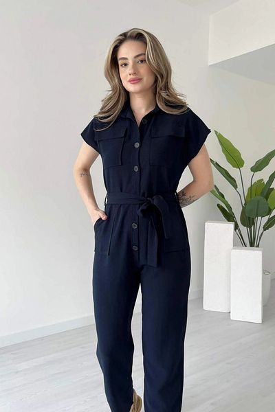 MOZENA Buttoned Pocketed Belted Linen Jumpsuit