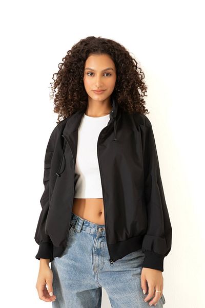 Montup Μαύρο Αδιάβροχο και Αντιανεμικό Oversize Crop Γυναικείο Αδιάβροχο Αντιανεμικό - Stand Collar Seasonal