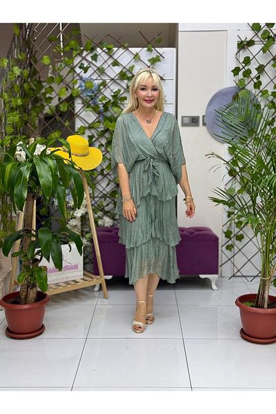 Punta Otantik Yg2073 Italian Waist-Tied Silk Dress Khaki