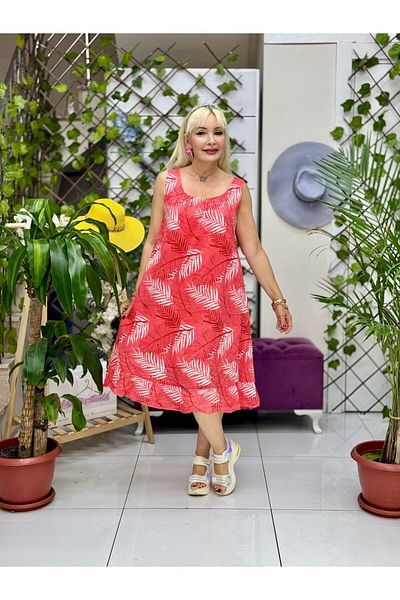 Punta Otantik Yg205070 Italian Leaf Pattern Coton Dress Coral