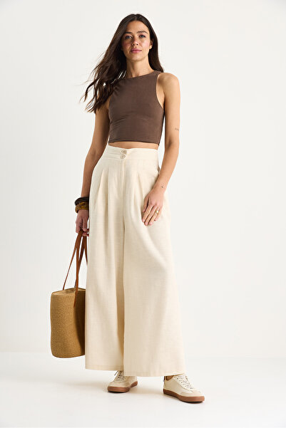 Bianco Lucci Women's High Waist Pleated Detailed Pocketed Wide Leg Trousers 3266 60281060