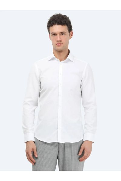 Kip Cămașă clasică din amestec de bumbac, albă, simplă, slim fit