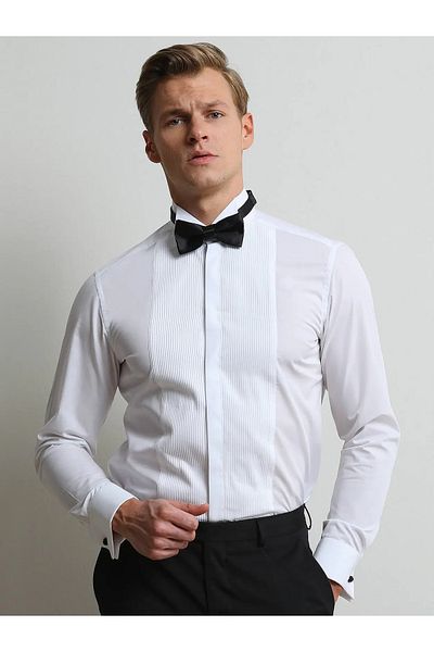 Kip White Plain Slim Fit Double Cuff Turtle Collar Tuxedo Shirt