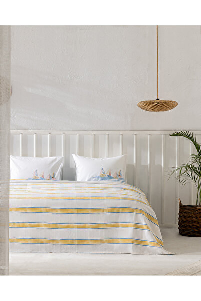 Madame Coco Simone Çift Kişilik %100 Pamuk Karde Baskılı Pike Takımı - Mavi/Sarı