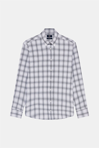 W Collection White Long Sleeve Plaid Cotton Elastane Shirt