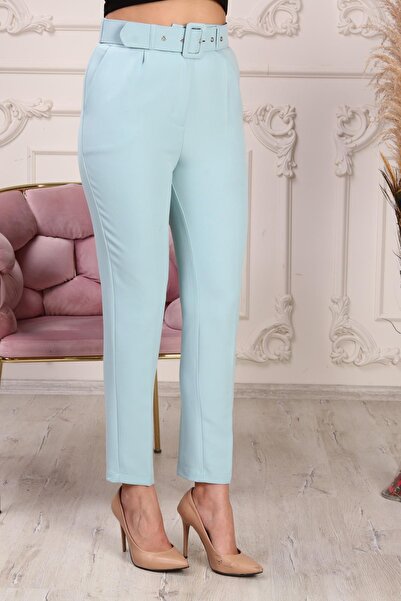 Deneme Kabinim Women's Skinny Leg - Belted Fabric Trousers, Baby Blue