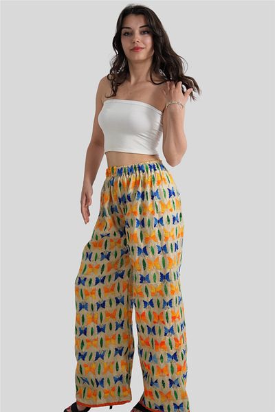 Miss Boheme Beige Butterfly Embroidered Bohemian Trousers