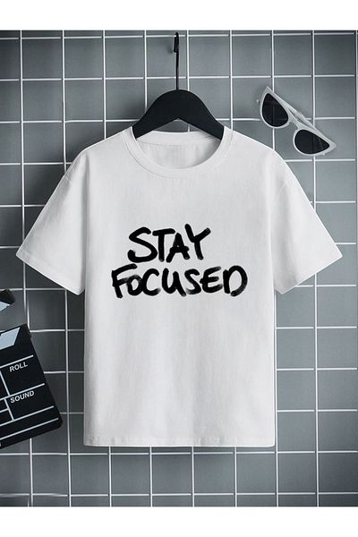 ELNOYA Unisex Cotton White Oversize "Stay Focused" Printed Comfortable Casual T-Shirt