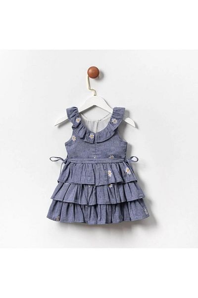 Magu Girl's Cotton Blue Daisy Embroidered Layered Dress - Ruffle Collar Detail