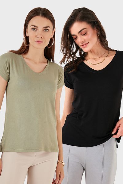 Lela V-Neck Relaxed Fit Slit Detailed 2'Li Package Blouse Bluz 5862000S2