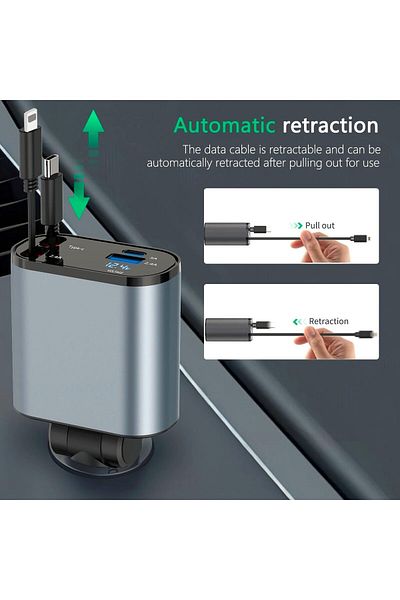 Generic Super Fast Charge 4-in-1 Car Charger with Dual Retractable Cable, Dual Port USB C PD Fast Charging,