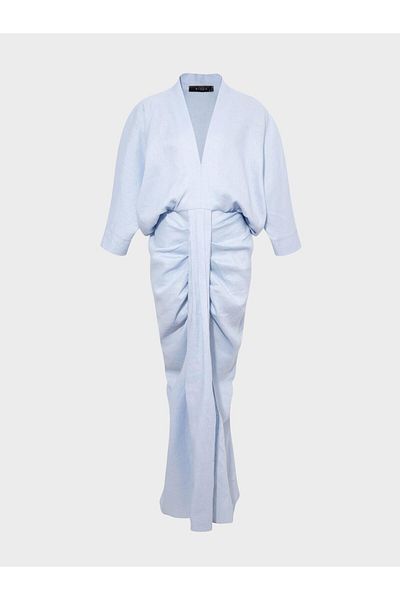 RİVUS Blue V-Neck Balloon Sleeve Girdle Dress