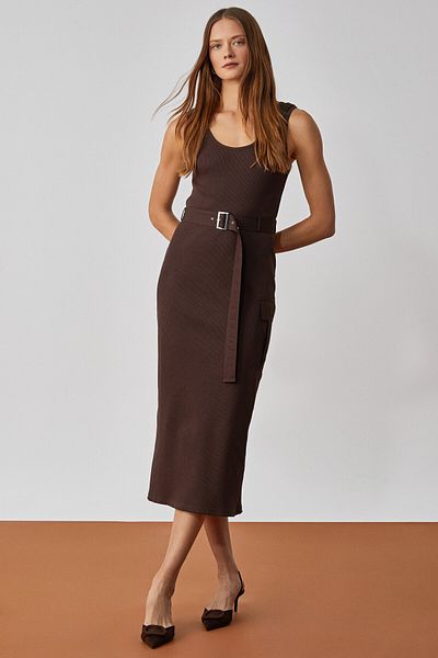 GRIMELANGE KAMONGAS Women's Regular Hollow Neck Short-Leg Brown Dress