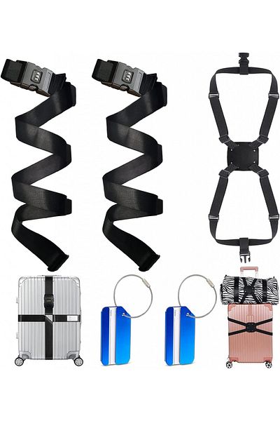Nsvepon Set de 3 curele și 2 etichete de bagaj Nsvepon, plastic/poliester, negru/albastru