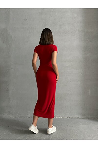 BEJNA Női piros, bő nyakú, rugalmas hosszú ruha
