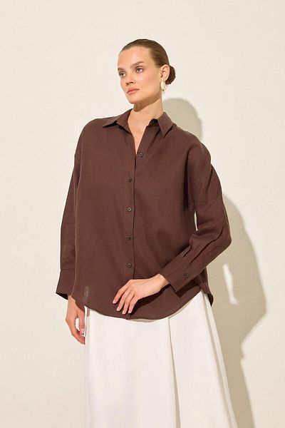 Setre Bitter-Brown 100% Linen Long Sleeve Oversize Shirt
