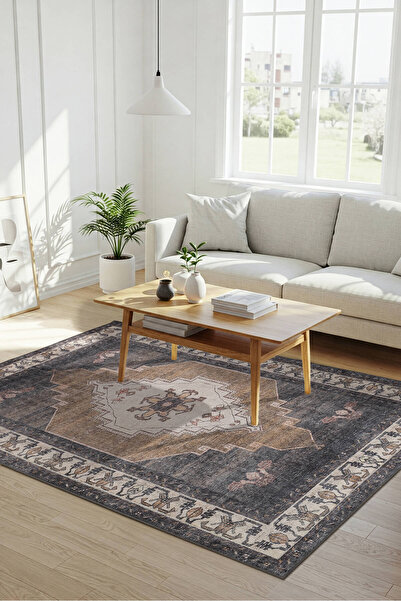 ARTLOOP Stonart Klasik Eskitme Vintage Desenli Otantik Yıkanabilir Kahverengi/Siyah Şönil Halı AL 438