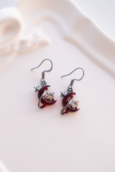 EFBUTİK Black Red Stone Moon Imported Earrings