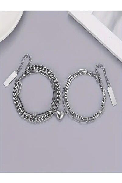 MK AKSESUAR 2 Adet Titanyum Çelik Kalp Zincir Bileklik Çiftler İçin