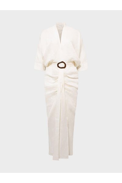 RİVUS V-Neck Balloon Sleeve Belted Linen Dress - Ecru