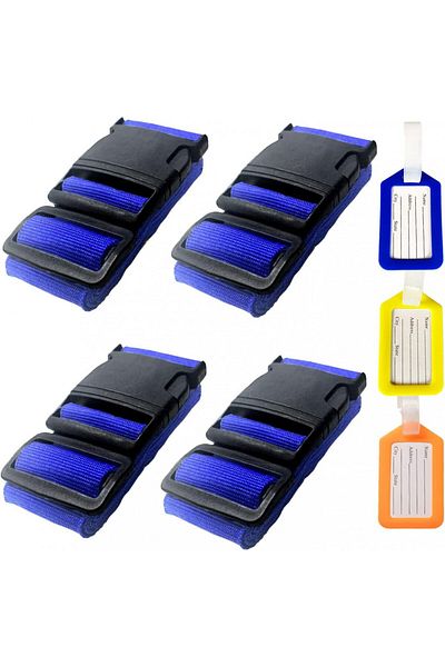 Sorzlluo Set de 4 curele reglabile pentru bagaje și 3 etichete, poliester/plastic, albastru/negru, 5 x 165 cm