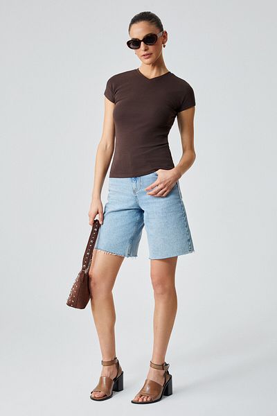 GRIMELANGE Marta Women's V-Neck Short Sleeve Slim Brown T-Shirt
