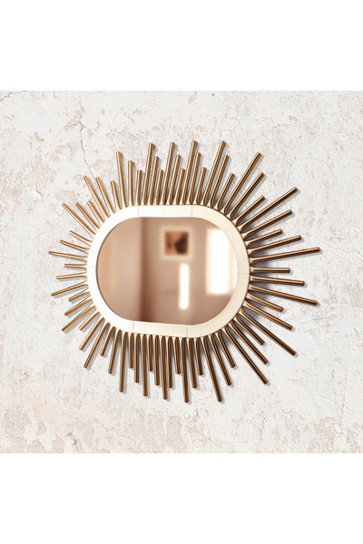 FERROVIA Altın Dekoratif Güneş Ayna | Oval Modern Duvar Aynası | Gold Metal Çerçeveli Şık Ayna