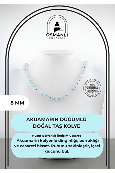 OSMANLI DOĞAL TAŞ Akuamarin Aquamarin, 8 Mm Düğümlü Doğal Taş Kolye