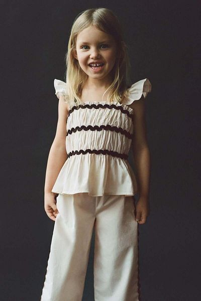 Magu Girls Linen Cream Ruffle Blouse and Wide Leg Pants Set