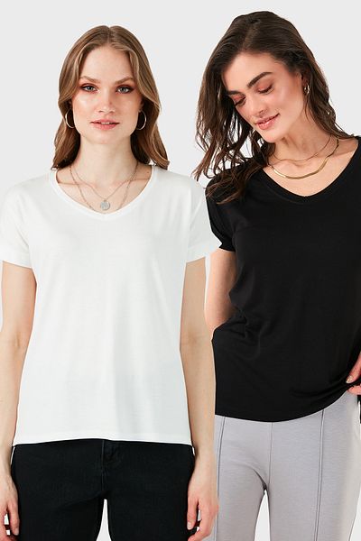 Lela V-Neck Relaxed Fit Slit Detailed 2'Li Package Blouse Bluz 5862000S2