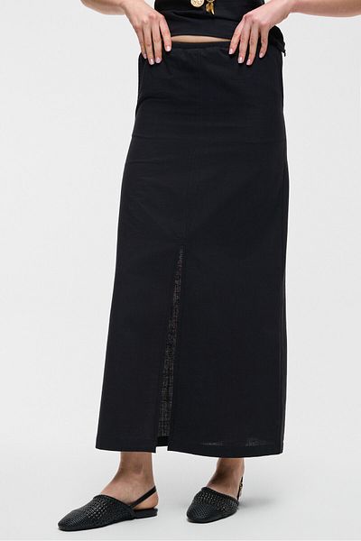 GRIMELANGE Ivern Women's 100% Cotton Linen Look Flared Front Slit Elastic Waist Midi Black Skirt with Pockets