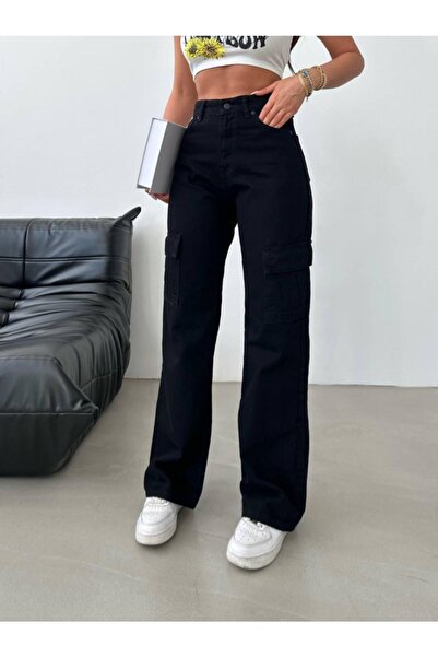 viking's line Siyah Kargo Cep Wide Bol Paça Yüksek Bel